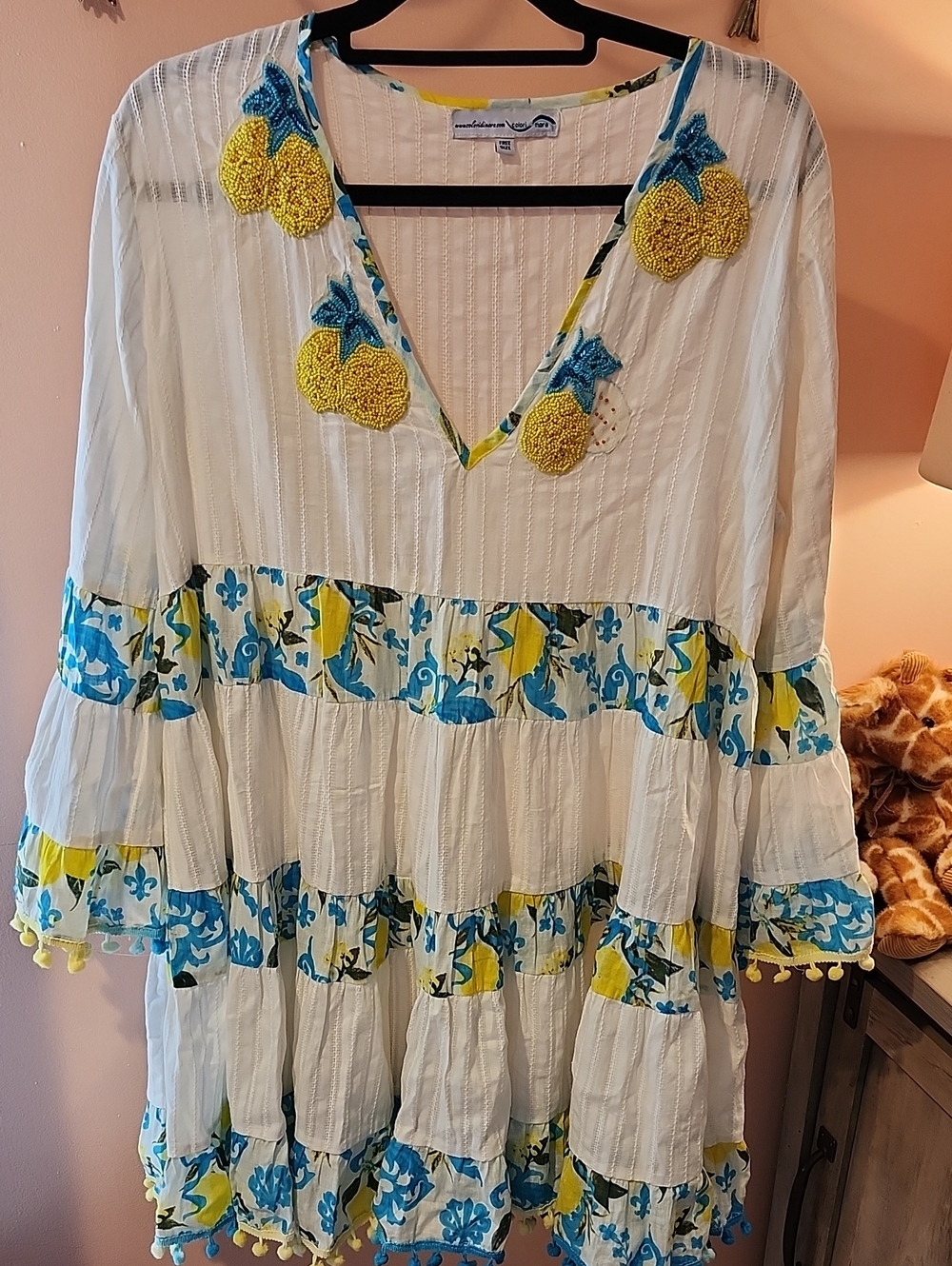 Colori Di Mare White Tiered Boho Tunic with Yellow Lemon Embroidery - Picture 1 of 7